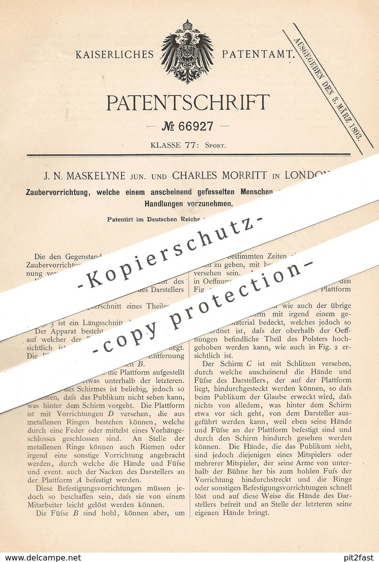 Original Patent - J. N. Maskelyne , Charles Morritt , London , England , 1892 , Zaubern | Zauberer | Magier , Magie !!! - Historische Dokumente