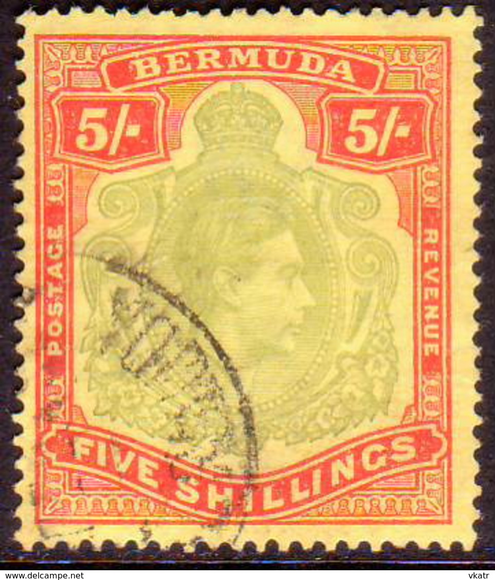 BERMUDA 1942 SG #118c 5sh Perf.14 Line Used Bronze-green And Carmine-red On Pale Yellow CV £180.00 Discoloured - Bermuda