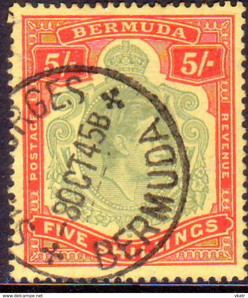 BERMUDA 1943 SG #118d 5sh Perf.14 Used Pale Bluish Green And Carmine-red On Pale Yellow CV £50.00 Ordinary Paper - Bermuda