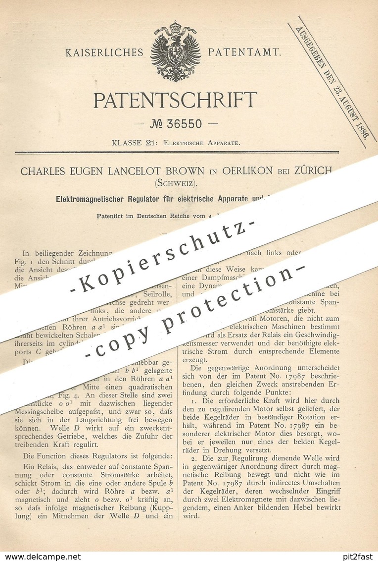 Original Patent - Charles Eugen Lancelot Brown , Oerlikon , Zürich , Schweiz | Elektromagnetischer Regulator Für Motor - Historische Dokumente