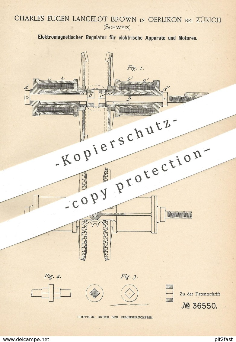 Original Patent - Charles Eugen Lancelot Brown , Oerlikon , Zürich , Schweiz | Elektromagnetischer Regulator Für Motor - Historische Dokumente