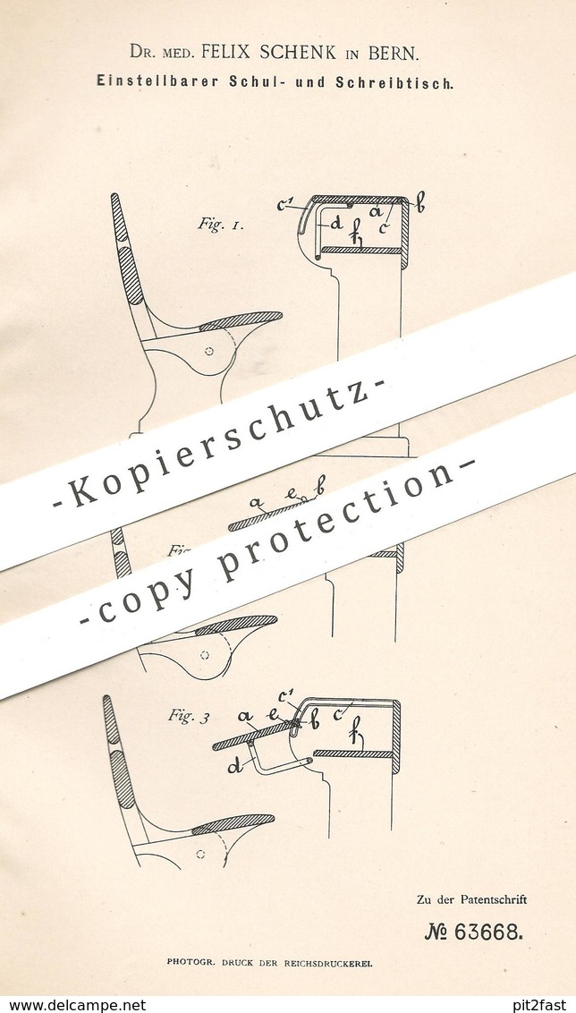 Original Patent - Dr. Med. Felix Schenk , Bern , Schweiz , 1891 , Schultisch | Schreibtisch | Tisch , Schulbank , Möbel - Historische Dokumente