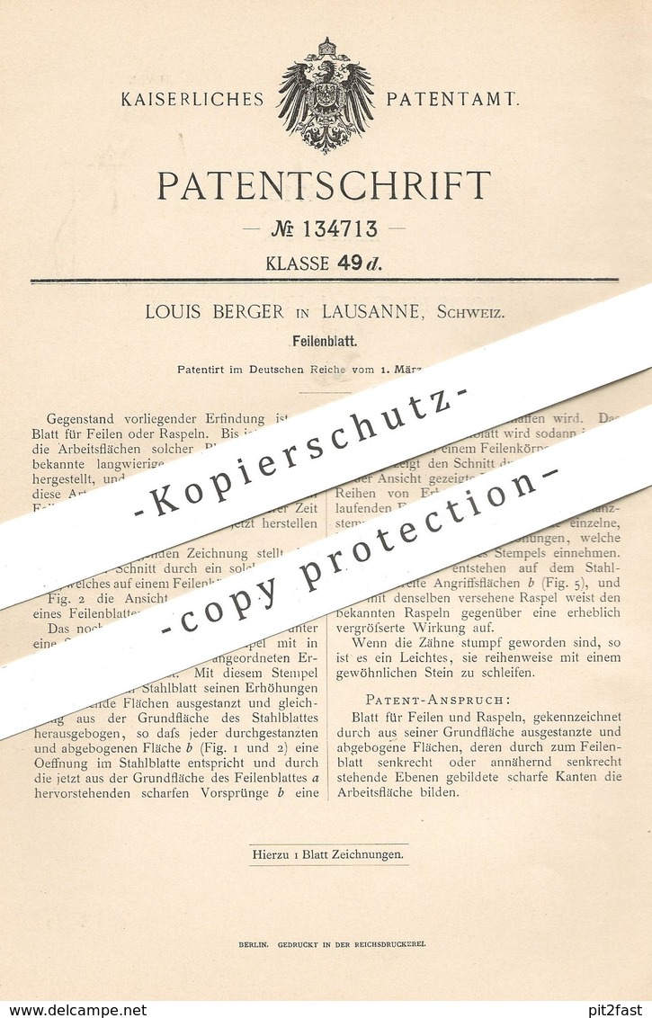 Original Patent - Louis Berger , Lausanne , Schweiz , 1901 , Feilenblatt | Blatt Für Feile , Raspel | Feilen , Werkzeug - Historische Dokumente