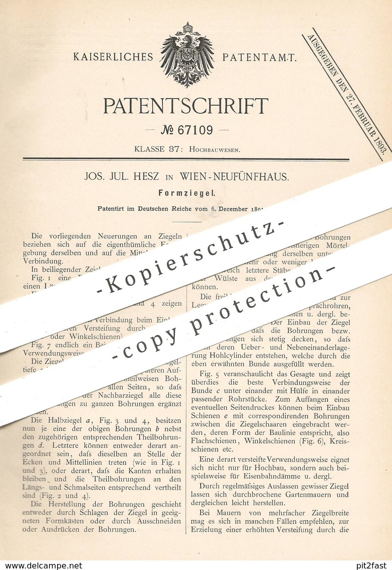 Original Patent - Jos. Jul. Hesz. , Wien - Neufünfhaus , Österreich , 1891 , Formziegel | Ziegel , Ziegelei , Stein !!! - Historische Dokumente
