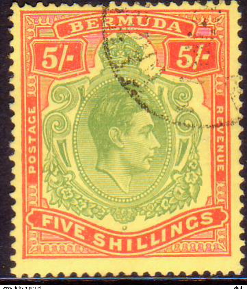 BERMUDA 1950 SG #118f 5sh Perf.13 Used Yellow-green And Red On Pale Yellow CV £38.00 Ordinary Paper - Bermuda