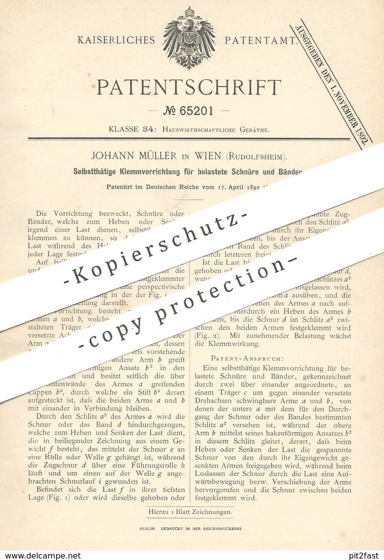 Original Patent - Johann Müller , Wien / Rudolfsheim , Österreich , 1892 , Band O. Schnur Festklemmen | Winde , Seilzug - Historische Dokumente