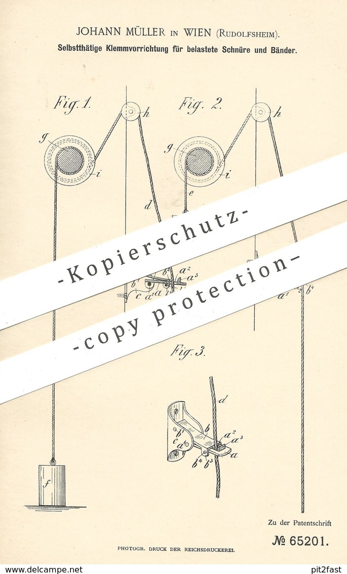 Original Patent - Johann Müller , Wien / Rudolfsheim , Österreich , 1892 , Band O. Schnur Festklemmen | Winde , Seilzug - Historische Dokumente