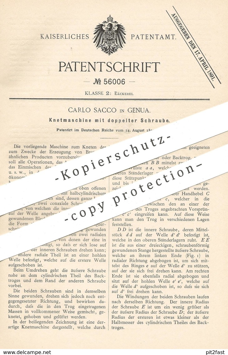 Original Patent - Carlo Sacco , Genua , Italien , 1890 , Knetmaschine | Teig Kneten | Bäcker , Bäckerei , Brot , Kuchen - Historische Dokumente