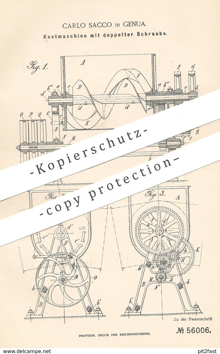 Original Patent - Carlo Sacco , Genua , Italien , 1890 , Knetmaschine | Teig Kneten | Bäcker , Bäckerei , Brot , Kuchen - Historische Dokumente