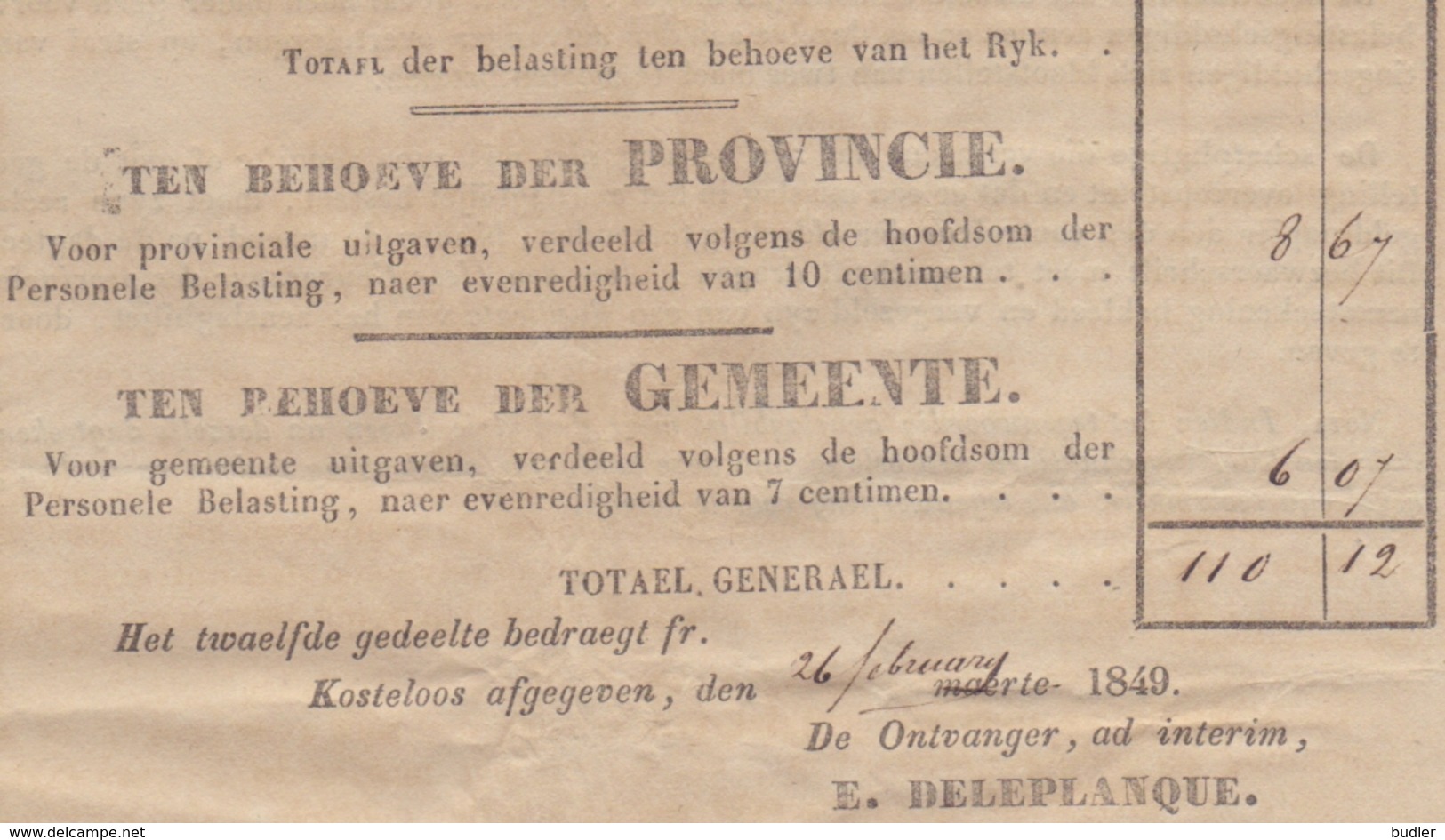 1849: Stad GENT : Aanslagbiljet Van De Personele Belasting Aan De Heer Jan THYS. - 1800 – 1899
