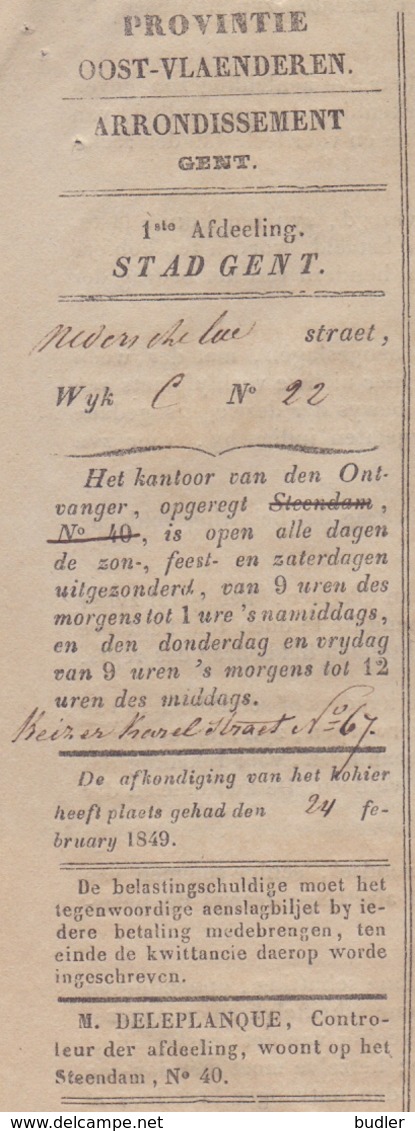 1849: Stad GENT : Aanslagbiljet Van De Personele Belasting Aan De Heer Jan THYS. - 1800 – 1899