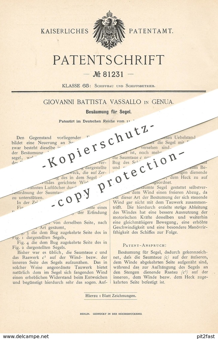 Original Patent - Giovanni Battista Vasallo , Genua , Italien | Besäumung Für Segel | Segelmacher | Segelwerk , Schiff - Historische Dokumente