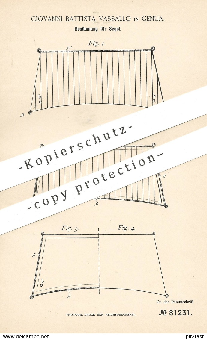 Original Patent - Giovanni Battista Vasallo , Genua , Italien | Besäumung Für Segel | Segelmacher | Segelwerk , Schiff - Historische Dokumente