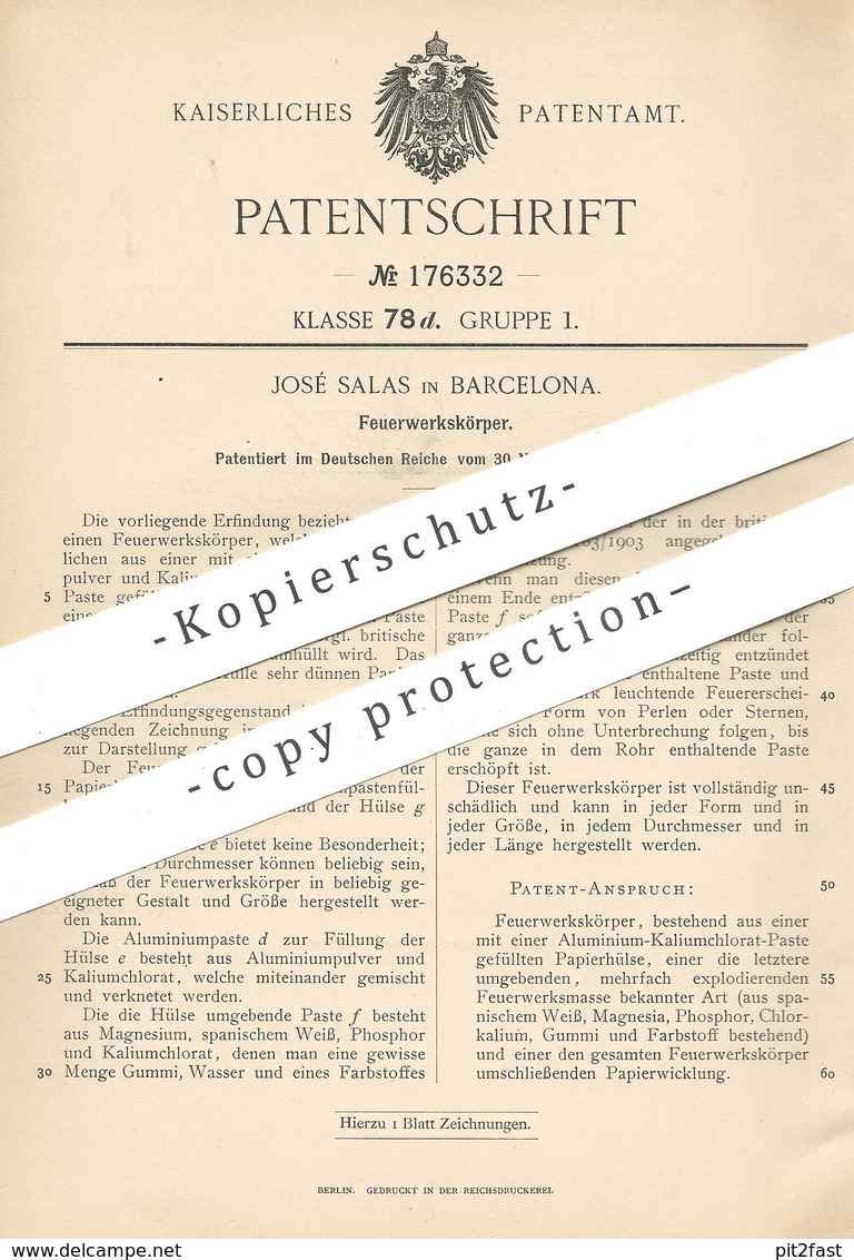 Original Patent - José Salas , Barcelona , Spanien , 1905 , Feuerwerkskörper | Feuerwerk | Rakete , Raketen !!! - Historische Dokumente