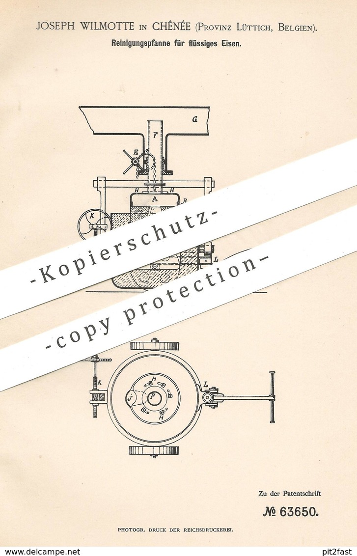 Original Patent - Joseph Wilmotte , Chênée , Lüttich , Belgien , 1891 , Reinigungspfanne Für Flüssiges Eisen | Pfanne ! - Historische Dokumente