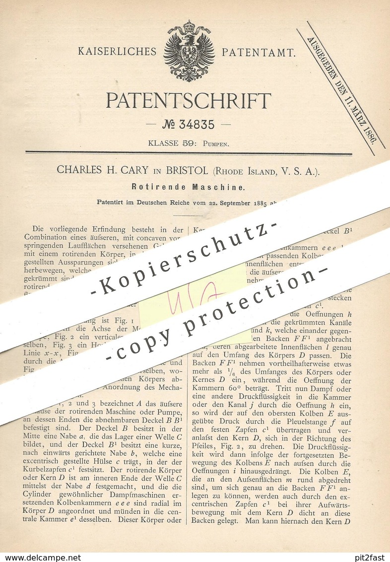 Original Patent - Charles H. Cary , Bristol , Rhode Island , USA  1885 , Rotierende Maschine | Rotation , Pumpe , Pumpen - Historische Dokumente