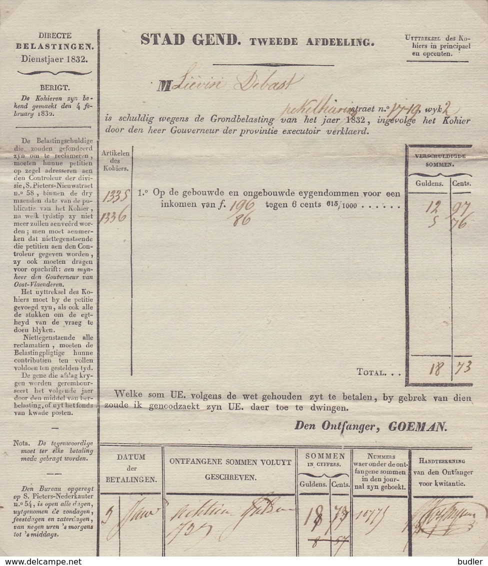 1832: Stad GEND : Aanslagbiljet Van De Grondbelasting Aan De Heer Liévin DEBAST. - Unclassified