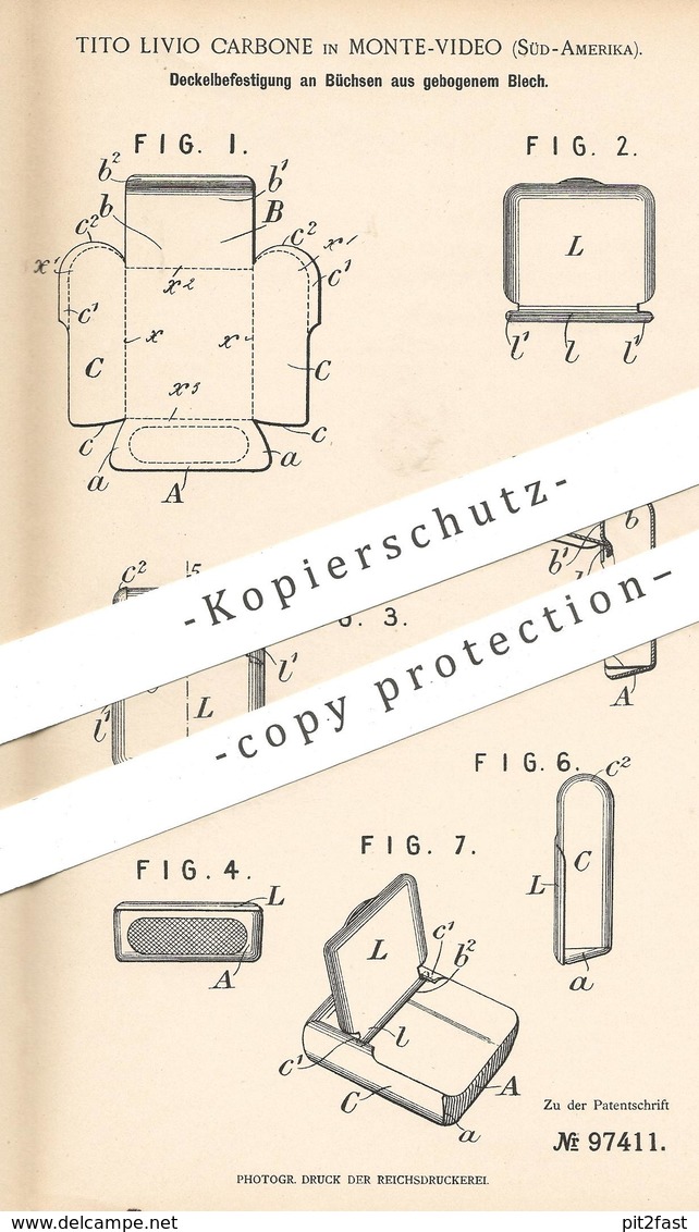 Original Patent - Tito Livio Carbone , Montevideo , Südamerika , 1897 , Deckelbefestigung An Büchse | Blech - Dose !!! - Historische Dokumente