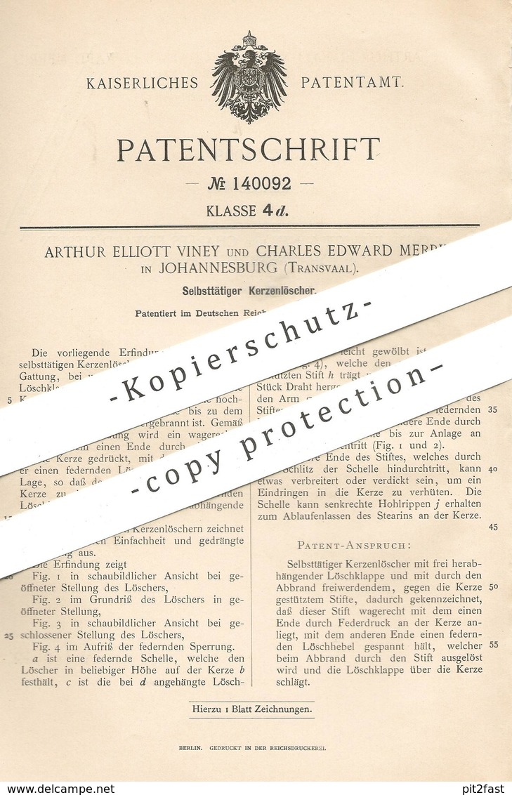 Original Patent - Arthur Elliot Viney , Charles Edward Merrin , Johannesburg , Südafrika , 1901 , Kerzenlöscher | Kerzen - Historische Dokumente