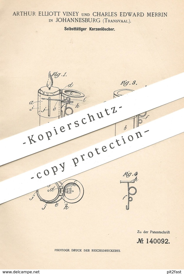 Original Patent - Arthur Elliot Viney , Charles Edward Merrin , Johannesburg , Südafrika , 1901 , Kerzenlöscher | Kerzen - Historical Documents