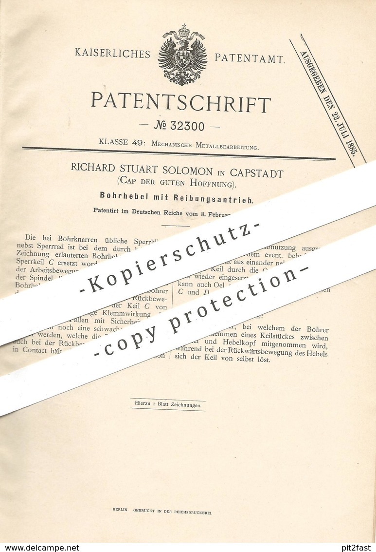 Original Patent - Richard Stuart Solomon , Kapstadt , Südafrika , 1885 , Bohrhebel Mit Reibungsantrieb | Bohrer , Metall - Historische Dokumente