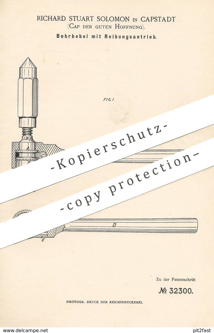 Original Patent - Richard Stuart Solomon , Kapstadt , Südafrika , 1885 , Bohrhebel Mit Reibungsantrieb | Bohrer , Metall - Historische Dokumente