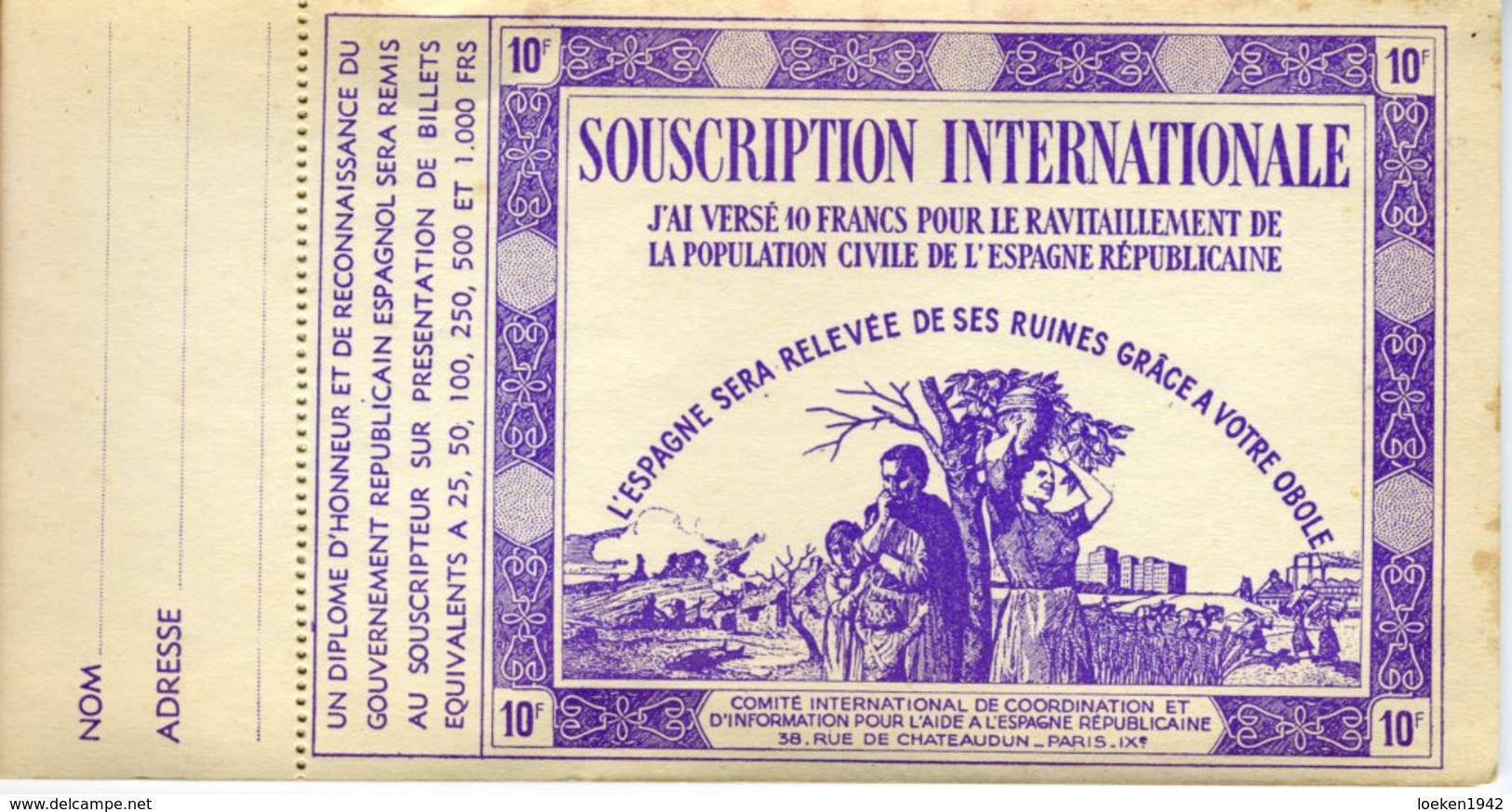 RARE CARNET COMPLET AVEC 15 SOUCHES  SOUSCRIPTION INTERNATIONALE  REF3721 - Viñetas De La Guerra Civil