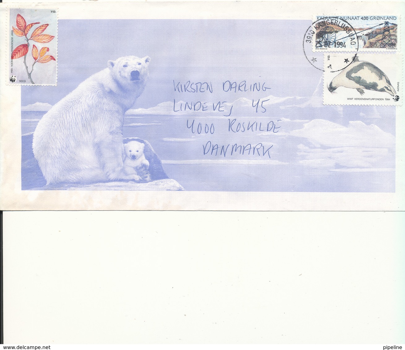 Greenland Nice Cover With Cachet Sent To Denmark Kangerlussuaq 25-7-1994 Single Franked + 2 WWF Panda Seals - Covers & Documents