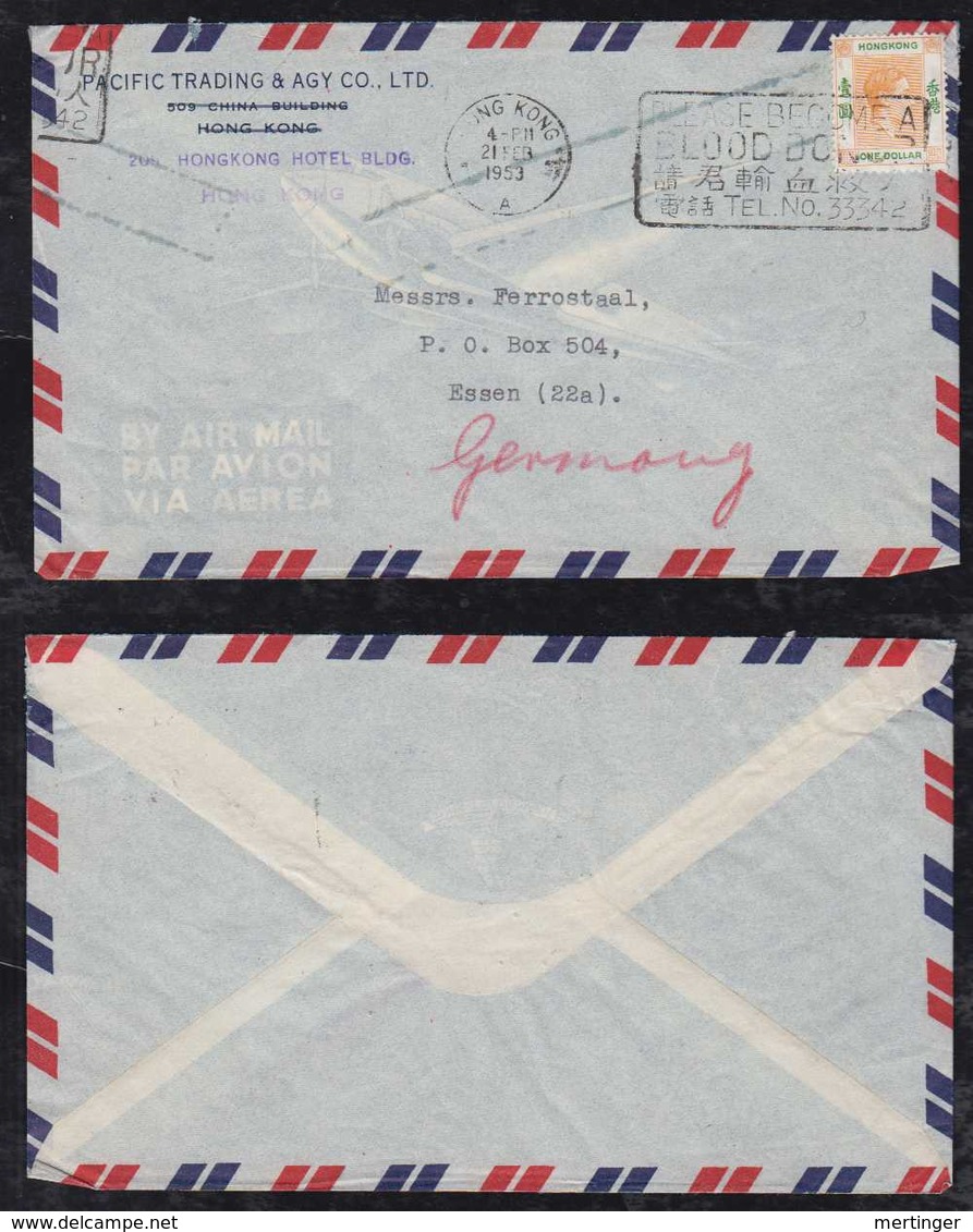 China Hong Kong 1953 AIRMAIL Cover To ESSEN Germany Blood Donar Advertising Postmark - Lettres & Documents