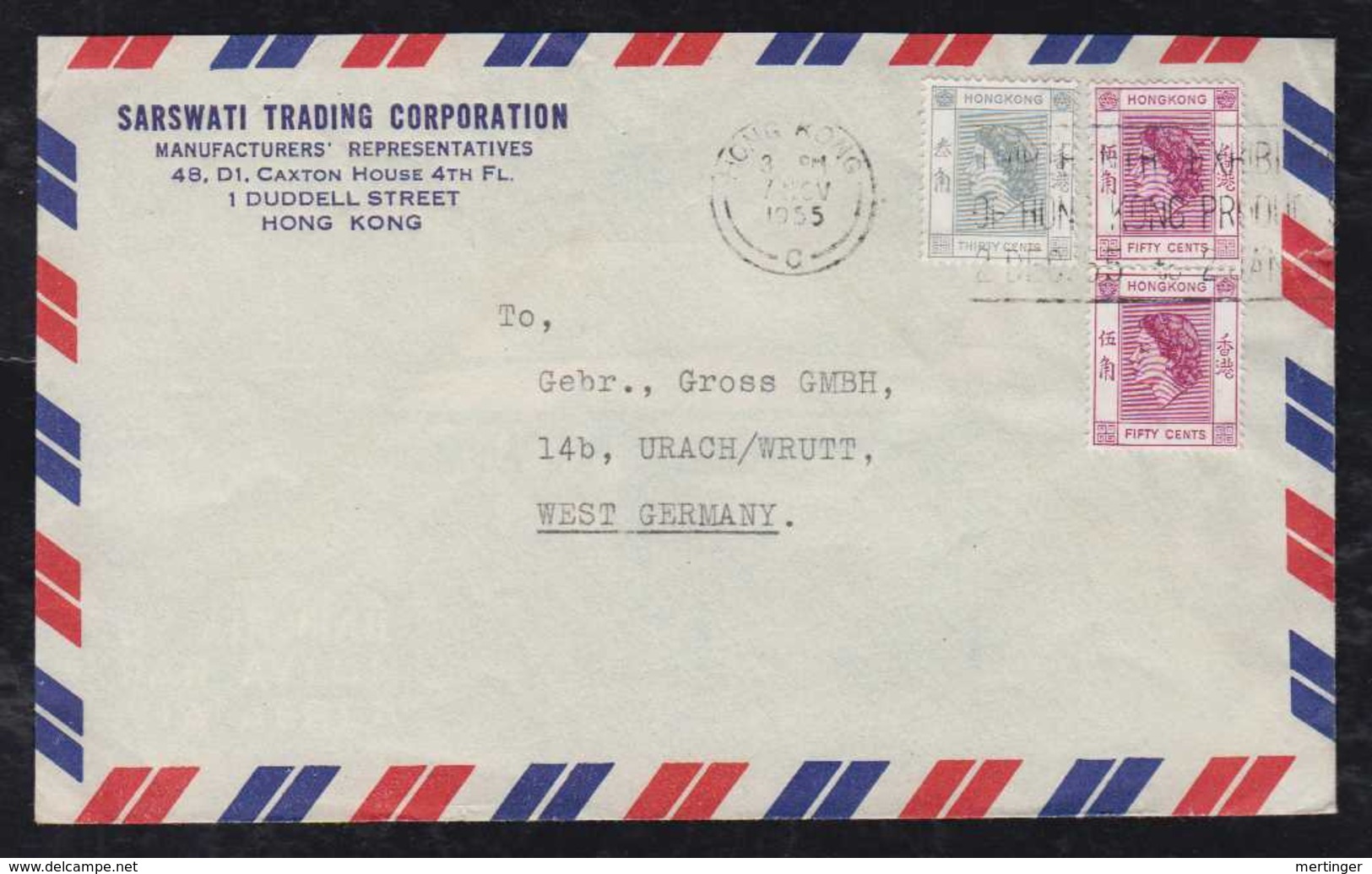 China Hong Kong 1955 AIRMAIL Cover To URACH Germany - Covers & Documents