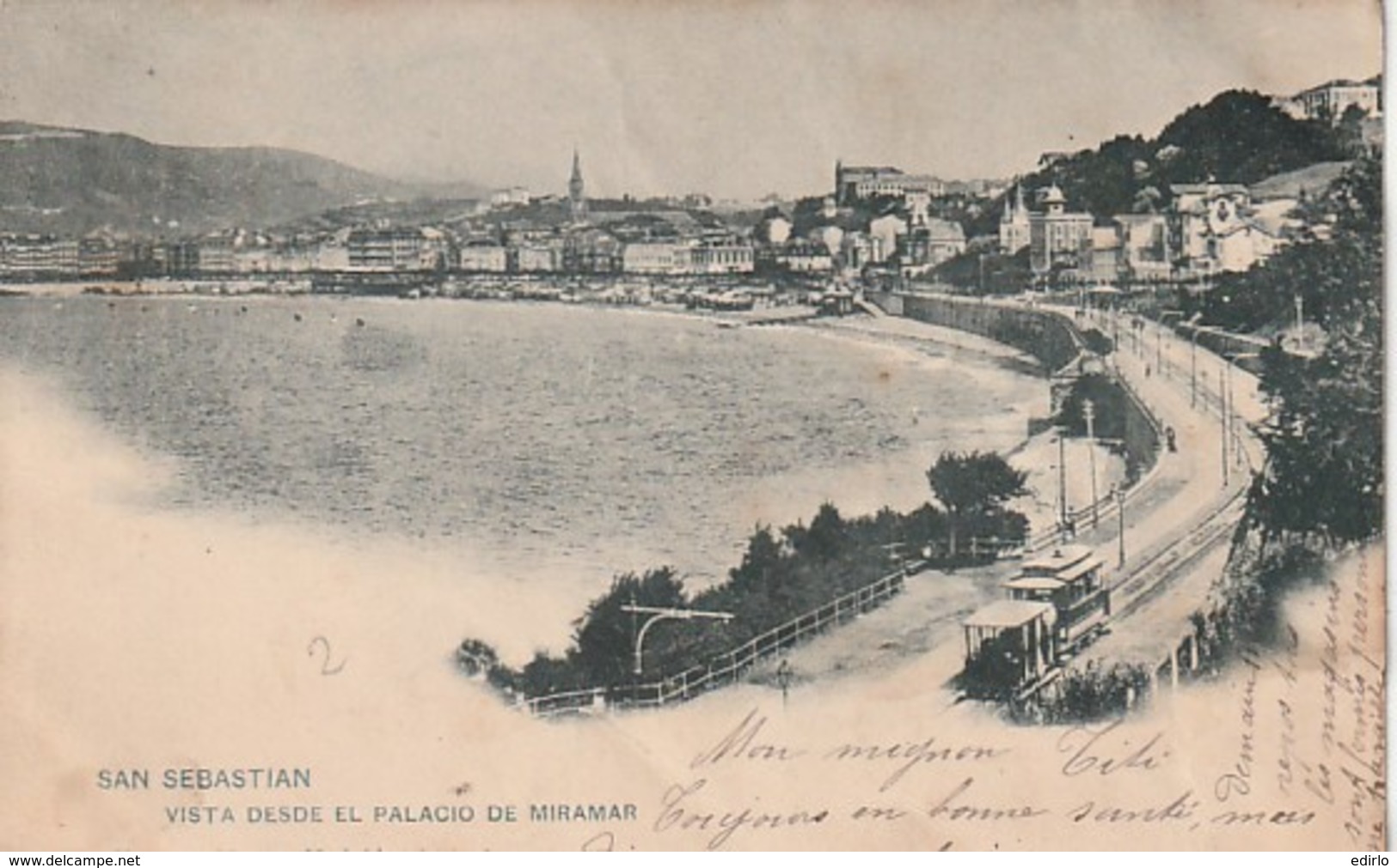 ***  PAIS VASCO   ***  SAN SEBASTIAN Vista Desde El Palacio De Miramar Et Tram -timbre Décollé (dos Sale) - Guipúzcoa (San Sebastián)