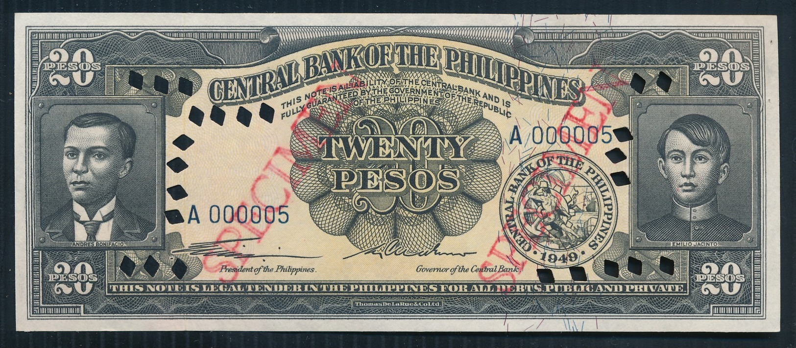 °°° SPECIMEN PHILIPPINES 20 PESOS 1949 AUNC+ °°° - Filipinas