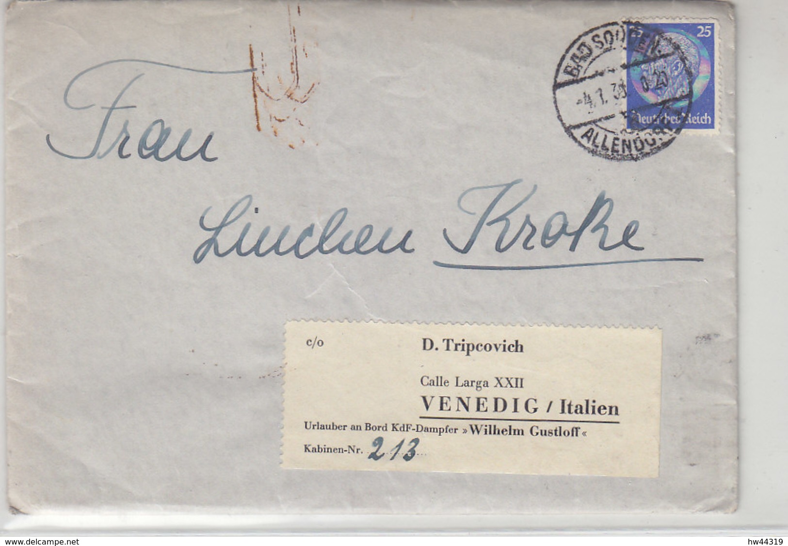 Schiffspost An Urlauber .... WILHELM GUSTLOFF Aus BAD SOODEN ALLENDORF 4.1.39 Mit Inhalt / AK-Stempel Venezia - Briefe U. Dokumente