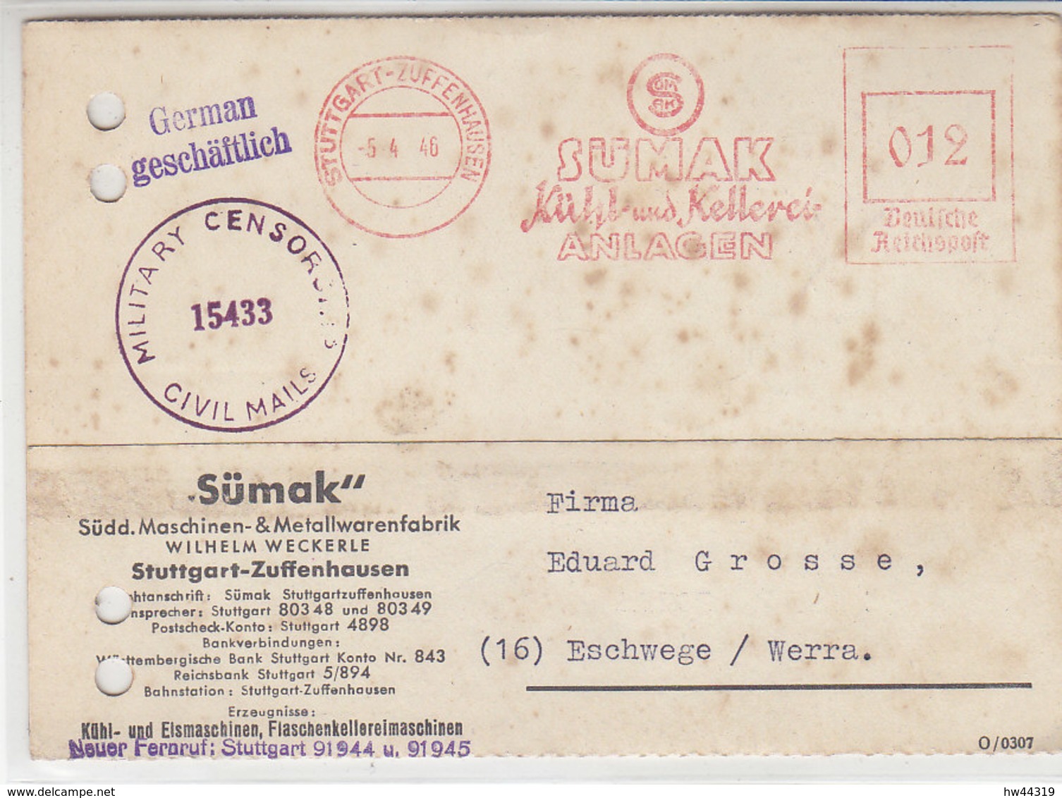 Freistempel  Von SÜMAK .. Aus STUTTGART-ZUFFENHAUSEN 6.4.46 Zensur / Stockflecke - Sonstige & Ohne Zuordnung