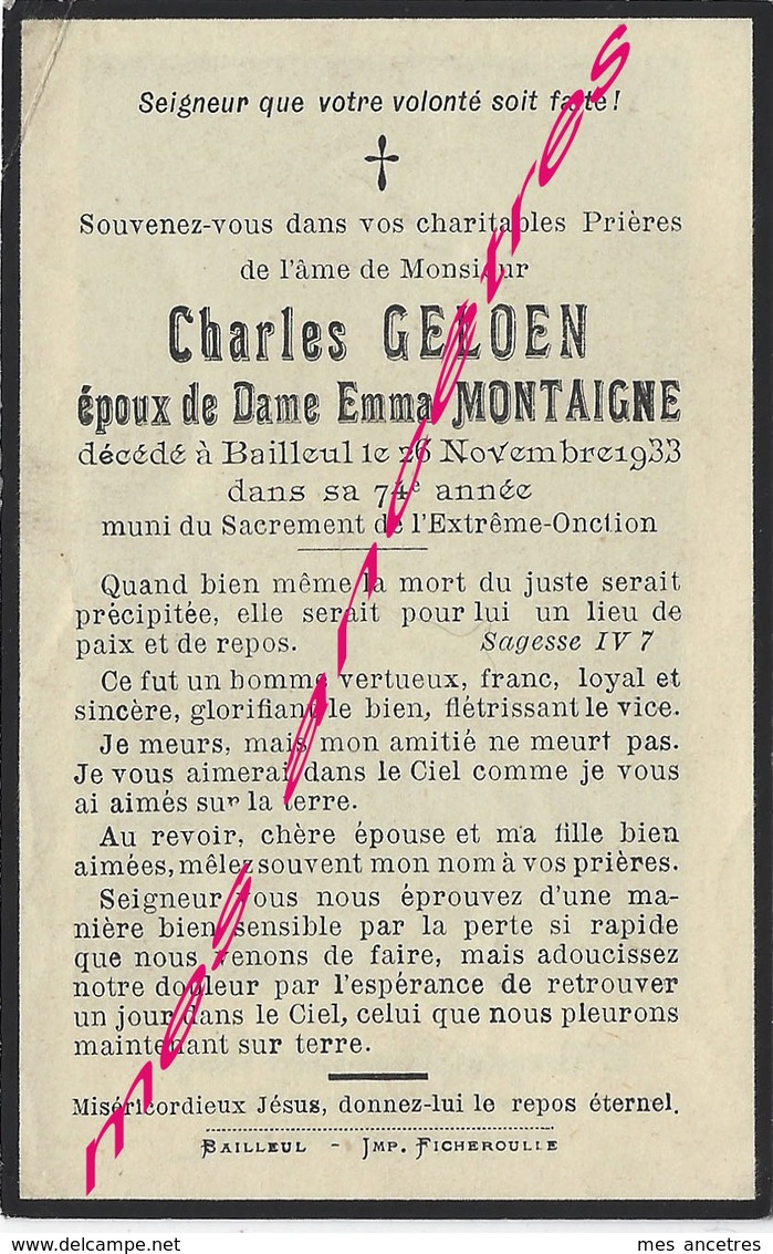 En 1933 Bailleul 59) Charles GELOEN Ep Emma MONTAIGNE 74 Ans - Décès