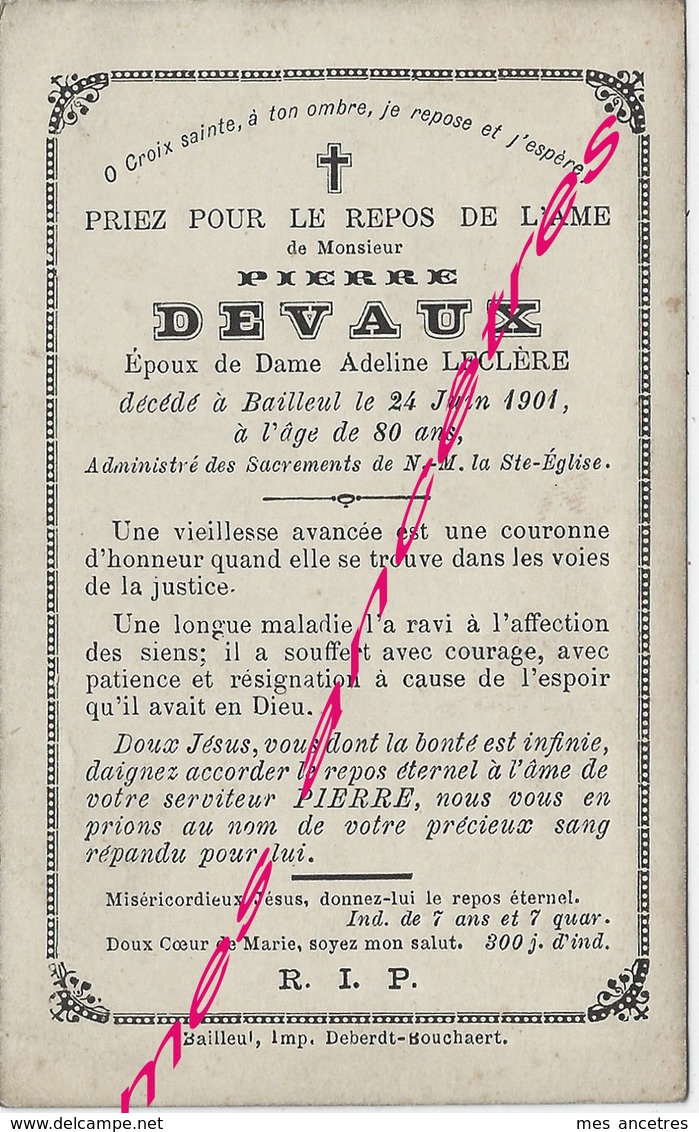 En 1901 Bailleul 59) Pierre DEVAUX Ep Adeline LECLERE 80 Ans - Décès