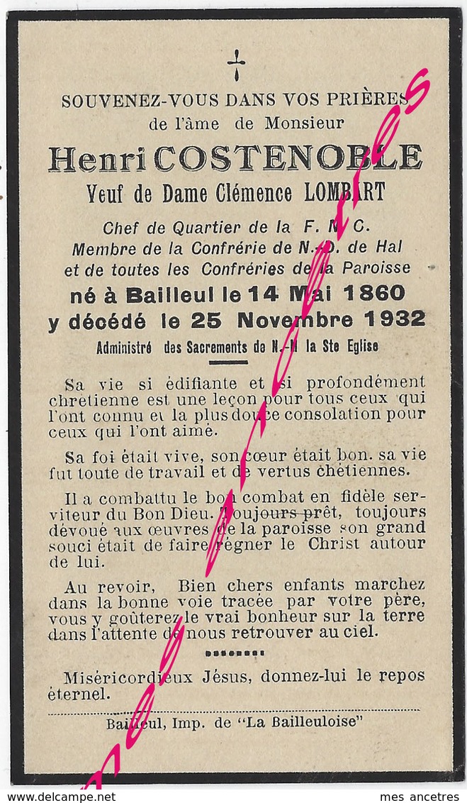 En 1932 Bailleul (59) Henri COSTENOBLE Ep Clémence LOMBART Chef FNC-confrérie Notre Dame De Hal Né 1860 - Décès