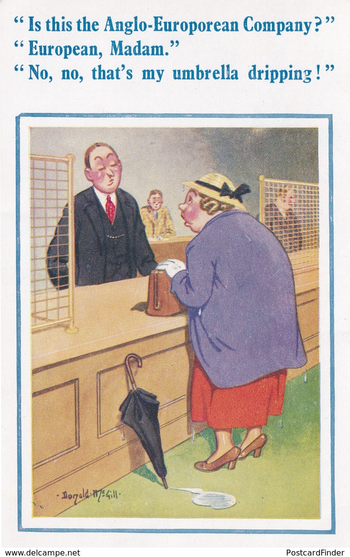 Anglo European Bank Banking Umbrella Dripping Clerk Comic Postcard - Humor