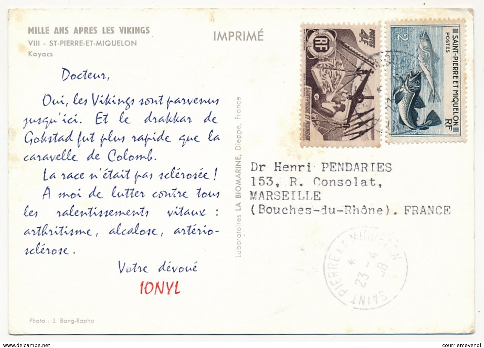 SAINT PIERRE ET MIQUELON - Carte Postale Publicitaire PLASMARINE IONYL 1958 - Covers & Documents