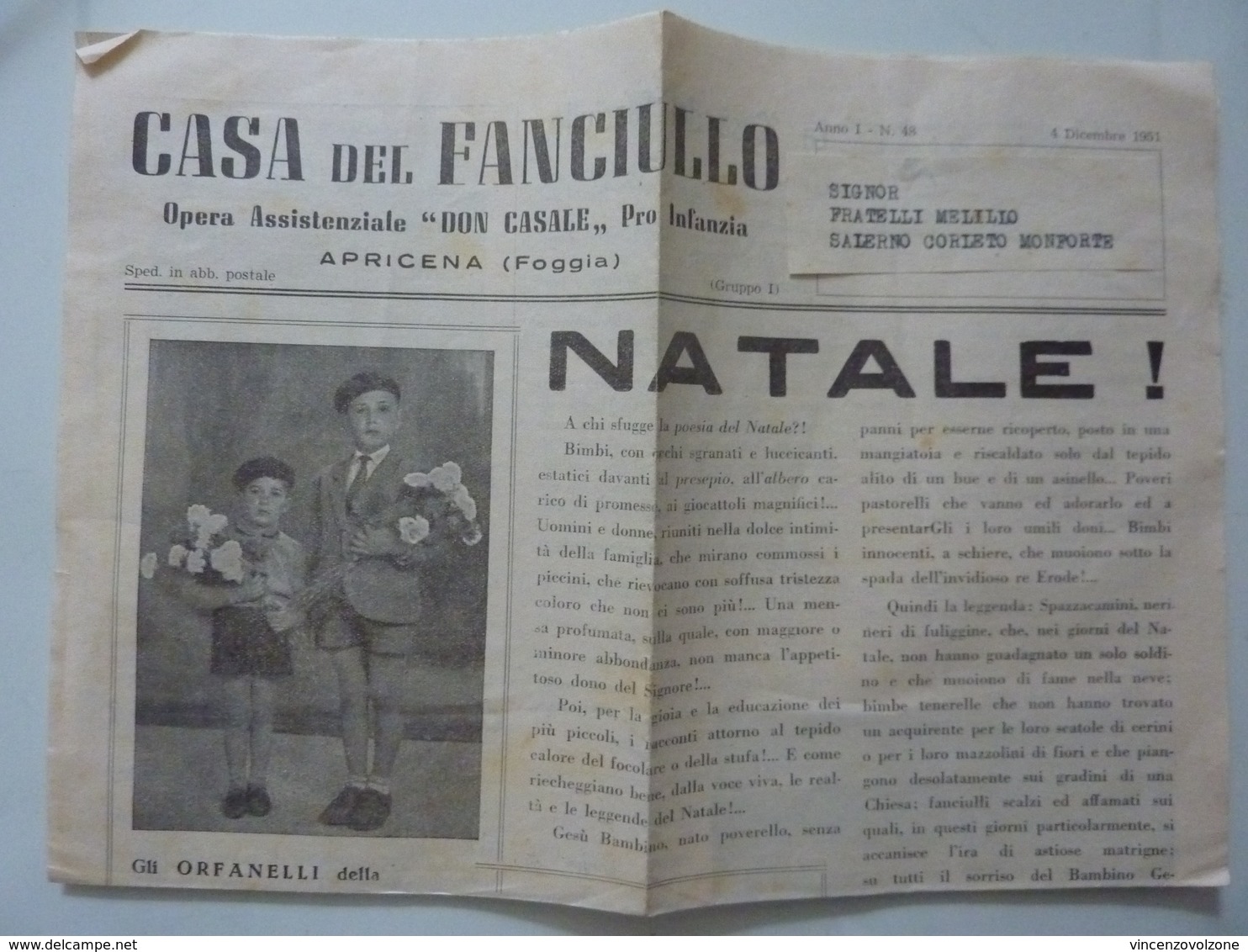 Pieghevole Pubblicitario "CASA DEL FANCIULLO Opera Assistenziale DON CASALE Per L'infanzia - APRICENA ( Foggia )" 1951 - Pubblicitari