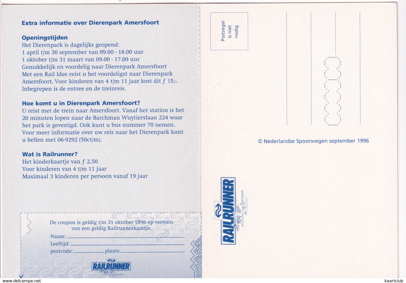 RAILRUNNER - N.V. Nederlandse Spoorwegen - (September 1996 - Dierenpark Amersfoort) - Andere & Zonder Classificatie