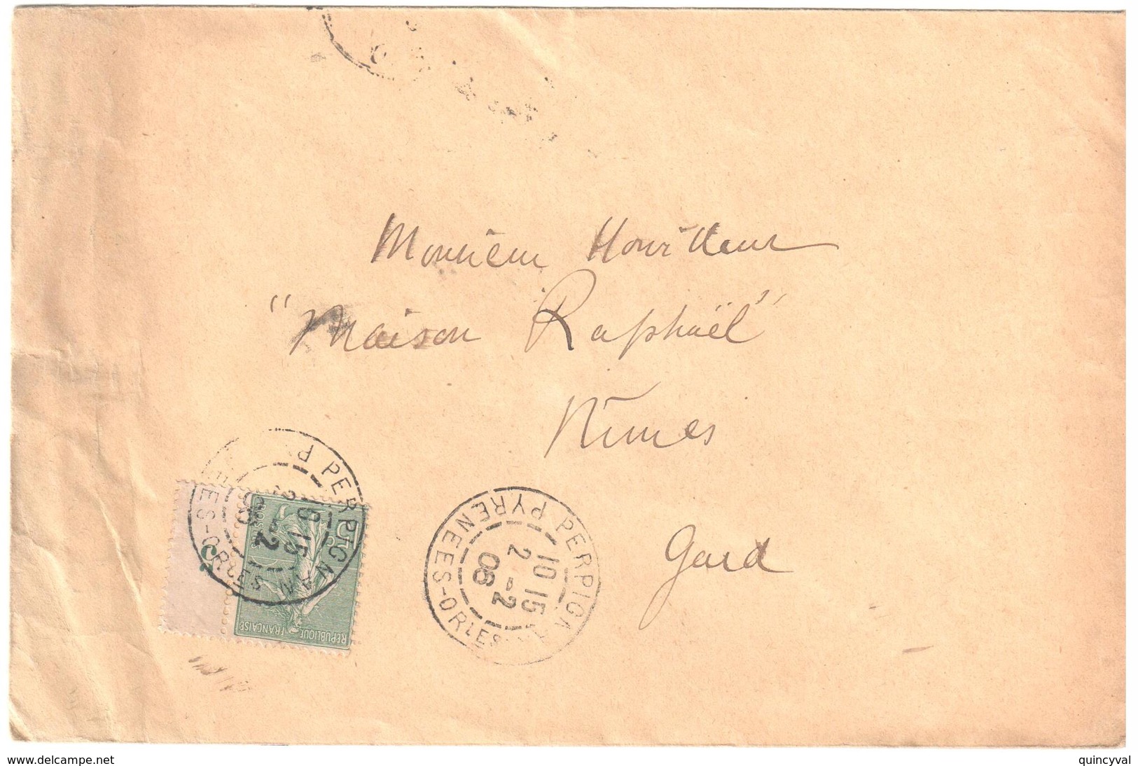 PERPIGNAN Lettre 15c Semeuse Lignée Verte Yv 130 Type IV Millésime 2 - Cartas & Documentos