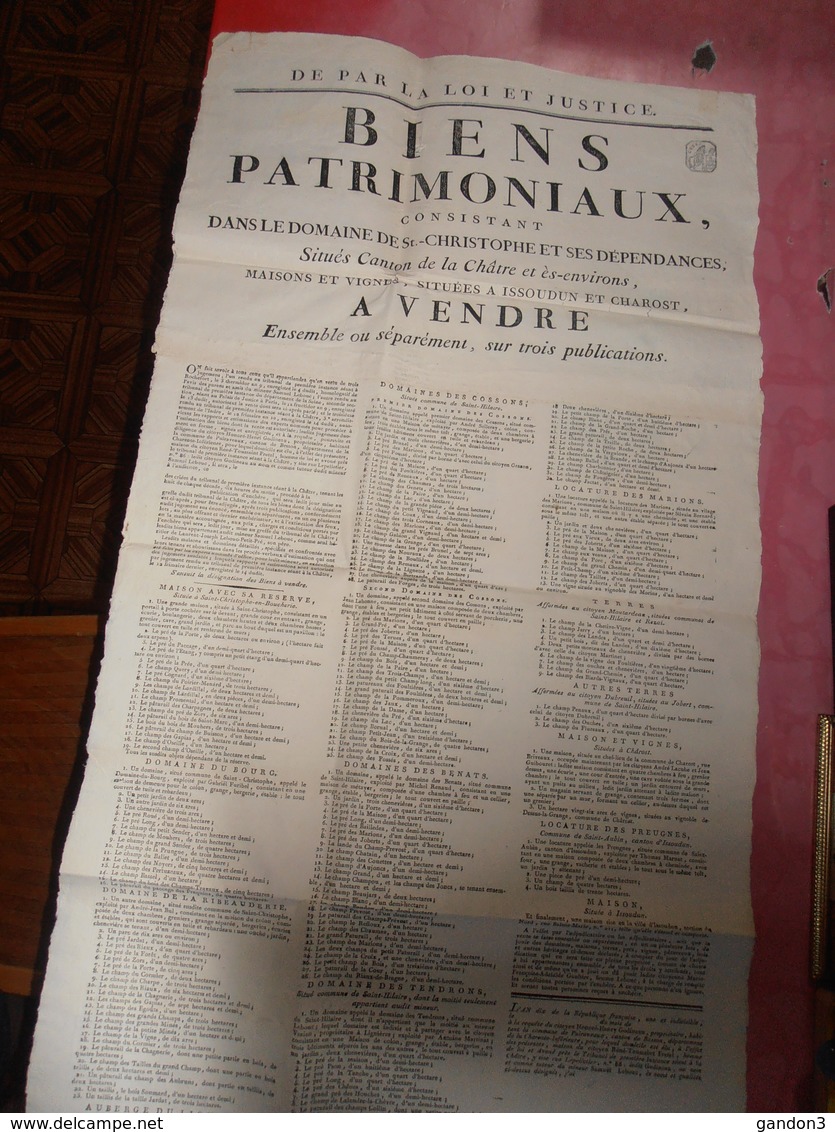 Document  Affiche :   Vente De  Biens Patrimoniaux Situés Dans Le Canton De LA CHATRE Et Ses Environs - 1780-1790- - Centre - Val De Loire