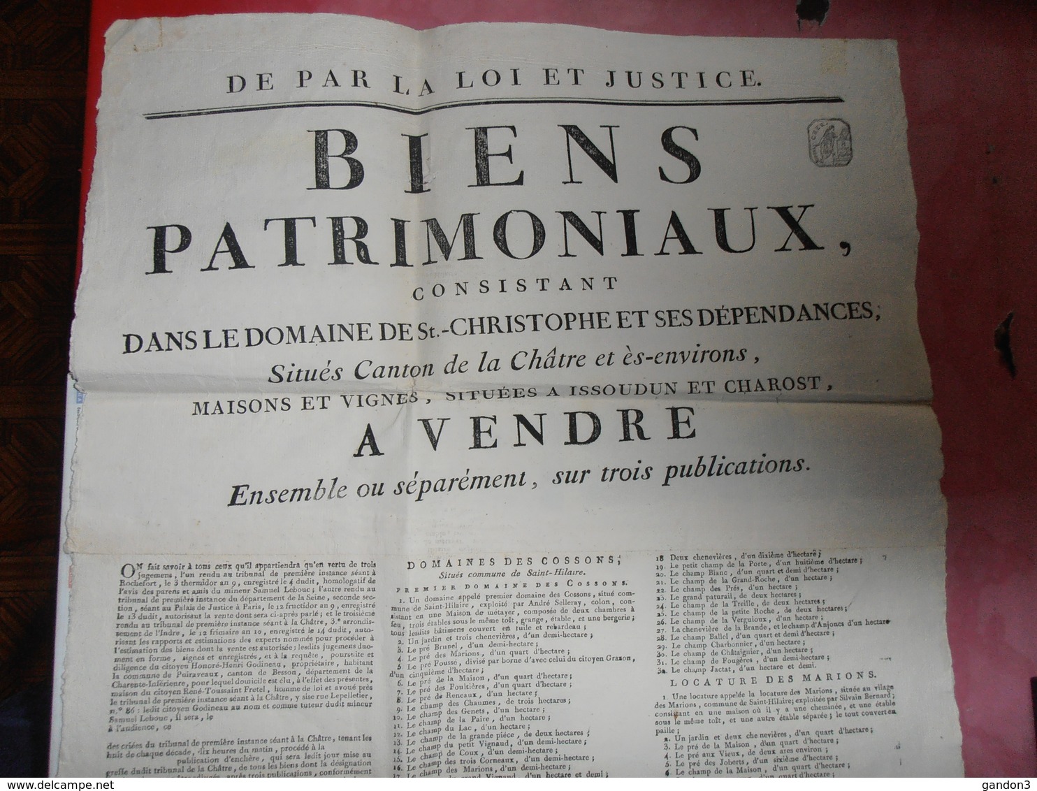 Document  Affiche :   Vente De  Biens Patrimoniaux Situés Dans Le Canton De LA CHATRE Et Ses Environs - 1780-1790- - Centre - Val De Loire