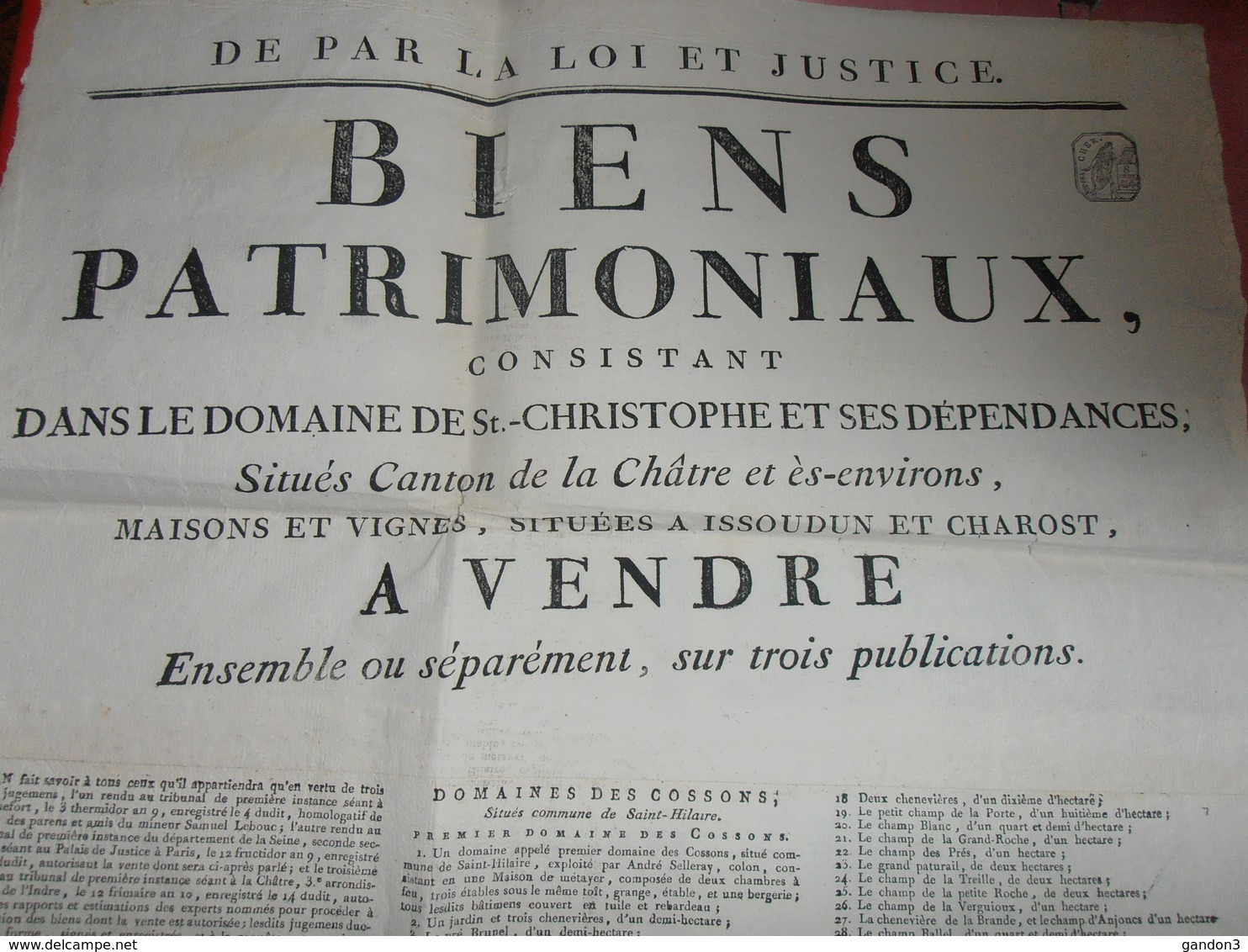 Document  Affiche :   Vente de  Biens Patrimoniaux situés dans le Canton de LA CHATRE et ses Environs - 1780-1790-