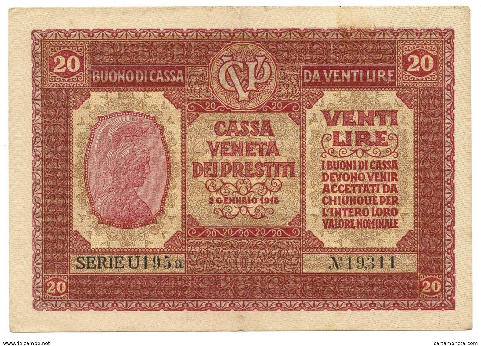 20 LIRE OCCUPAZIONE AUSTRIACA VENETO CASSA VENETA DEI PRESTITI 02/01/1918 BB/BB+ - Austrian Occupation Of Venezia