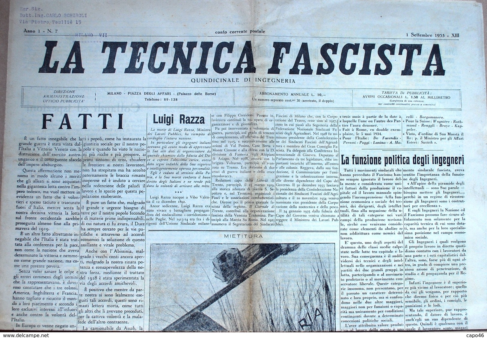 N° 87 - TECNICA FASCISTA - 15 SETTEMBRE 1935 - Altri & Non Classificati