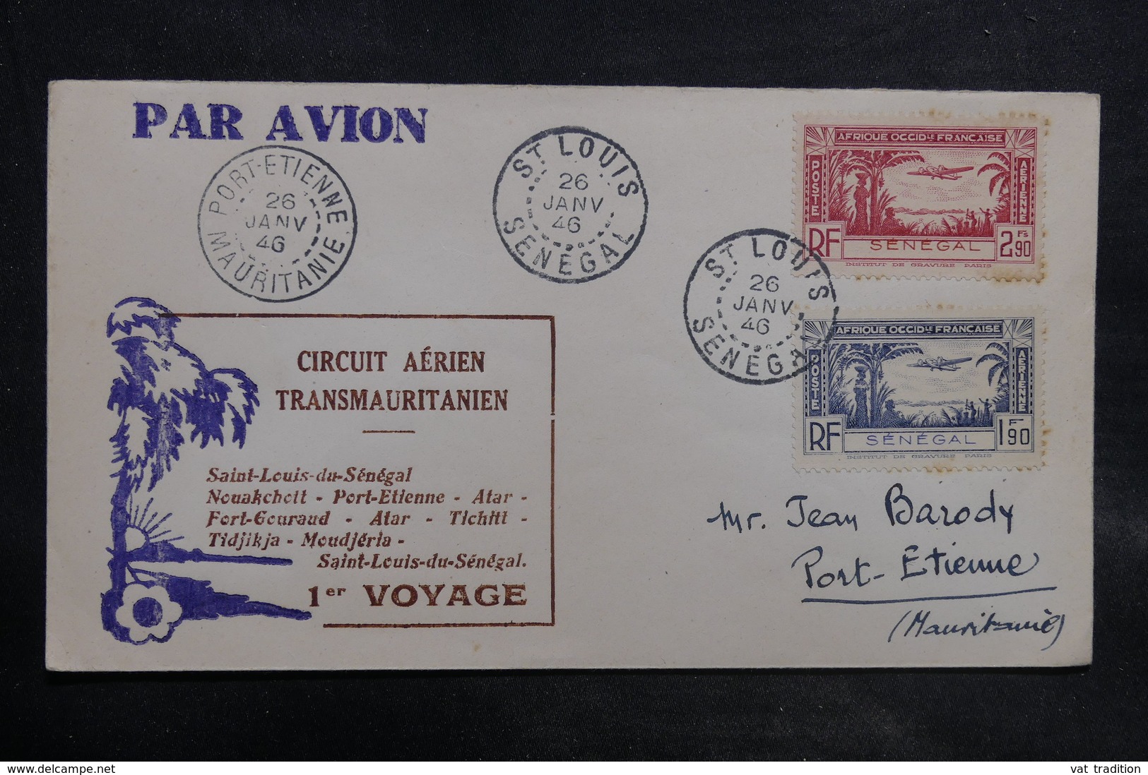 MAURITANIE - Enveloppe Du Circuit Aérien Transmauritanien En 1946 , De Saint Louis Pour Port Etienne - L 34763 - Cartas & Documentos