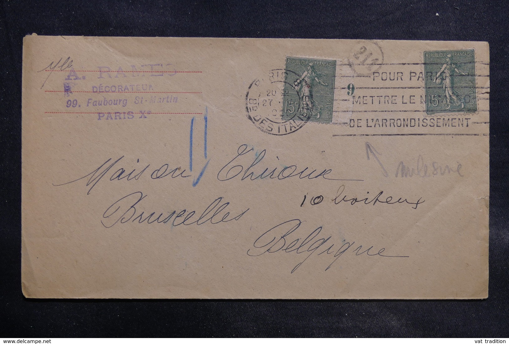 FRANCE - Enveloppe De Paris Pour Bruxelles En 1920 , Affranchissement Semeuse Dont Millésime - L 34764 - 1877-1920: Période Semi Moderne