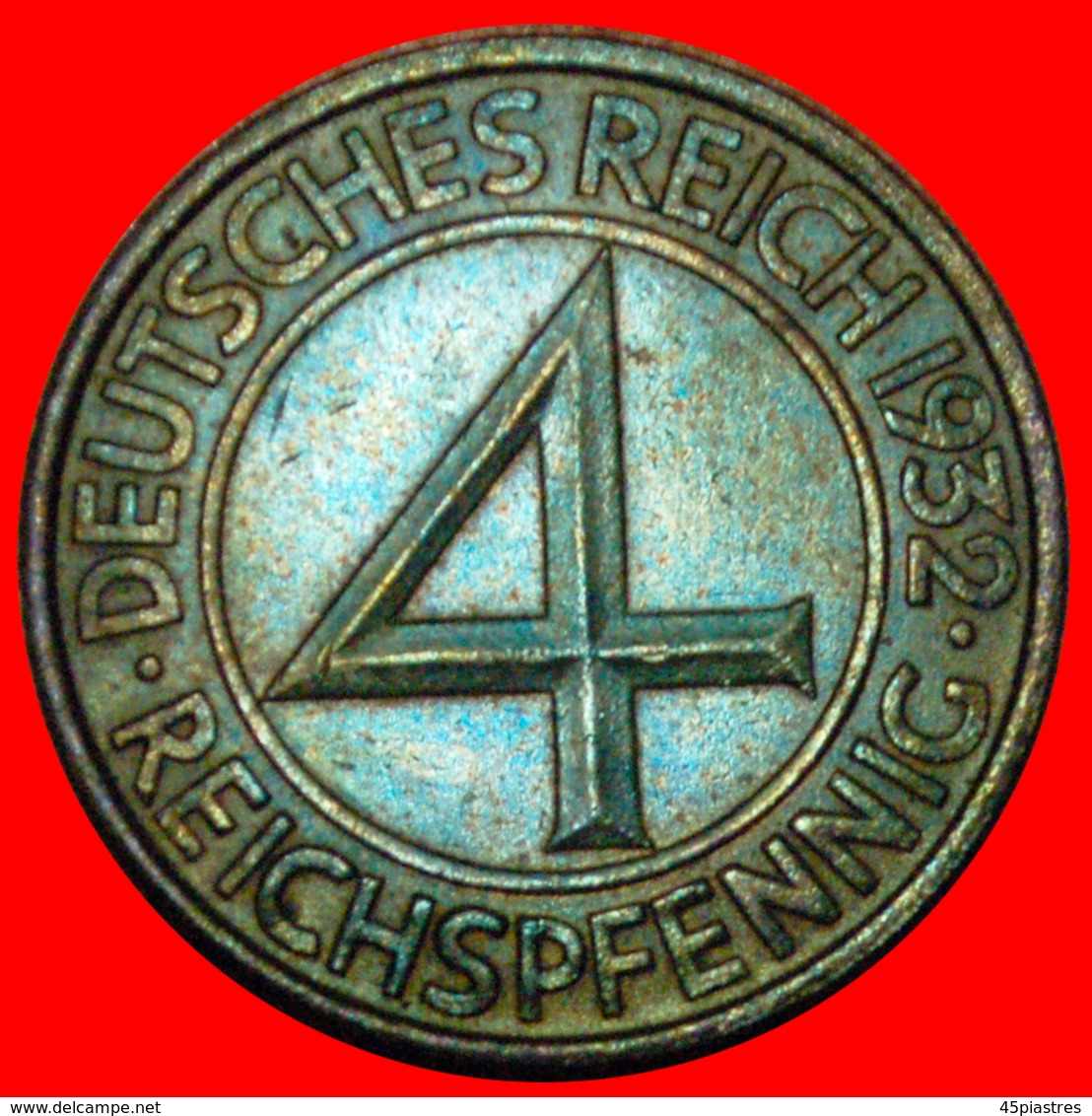 + RARE: GERMANY ★ 4 PFENNIG 1932J! LOW START ★ NO RESERVE! - 4 Reichspfennig